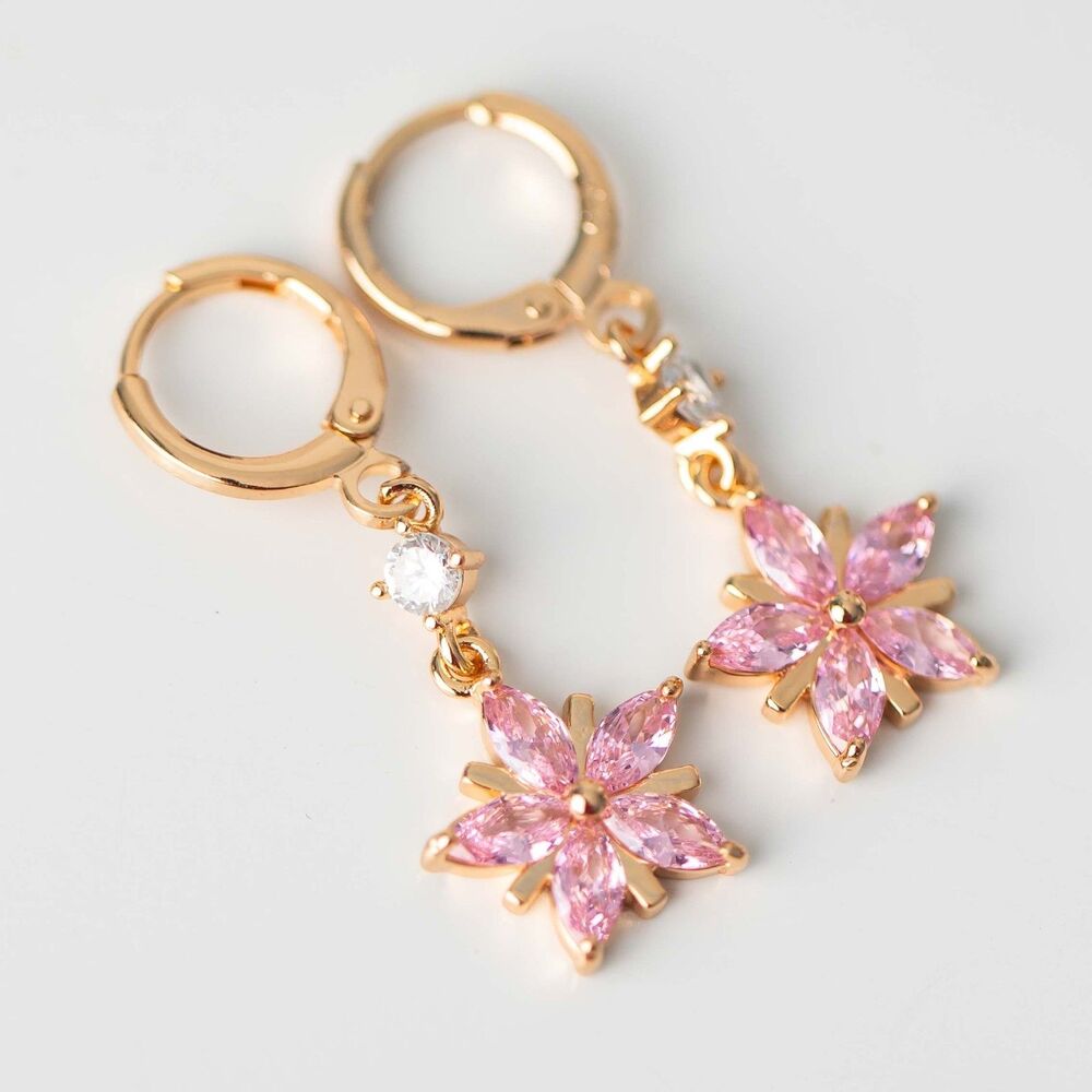 Pink CZ Flower Dangle Earrings Gold Tone Leverback Floral Sparkle Drop